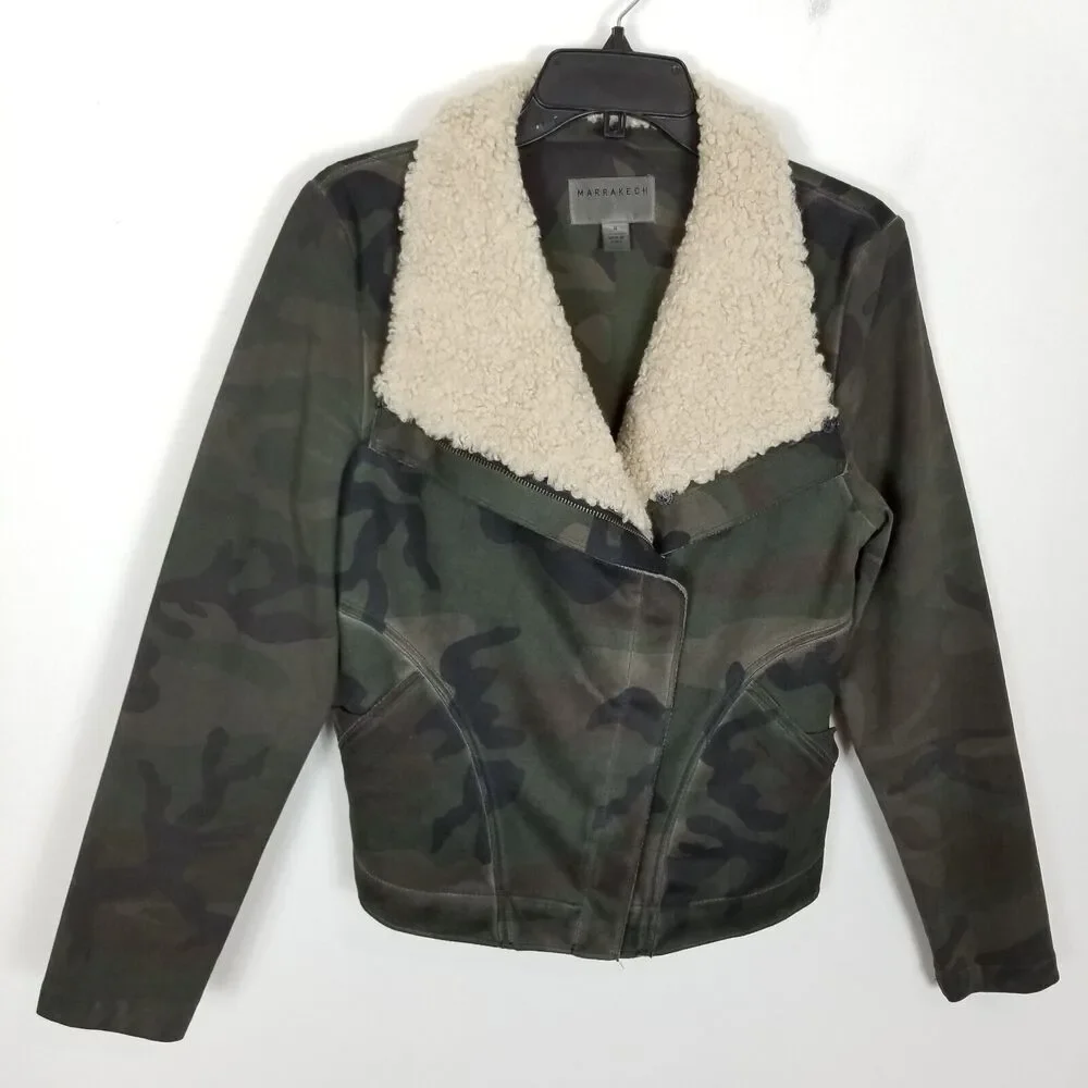Anthropologie Marrakech Women Sherpa Collar Green‎ Camo Moto Jacket Size M Boho